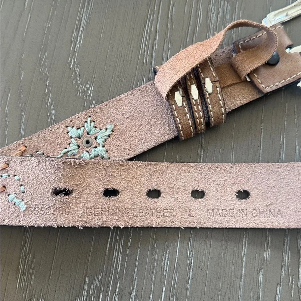 Western Tan Leather Belt with Silver-Tone Buckle Embroidered Women’s Size L EUC